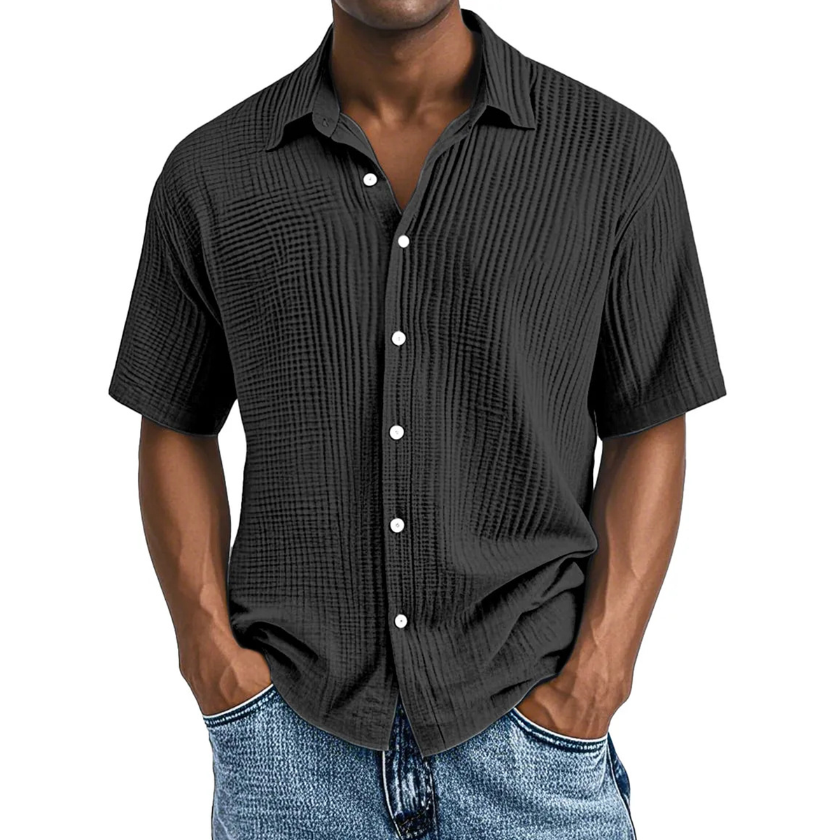 Men's Crinkle Textured Cotton Short Sleeve Button-Up Shirt