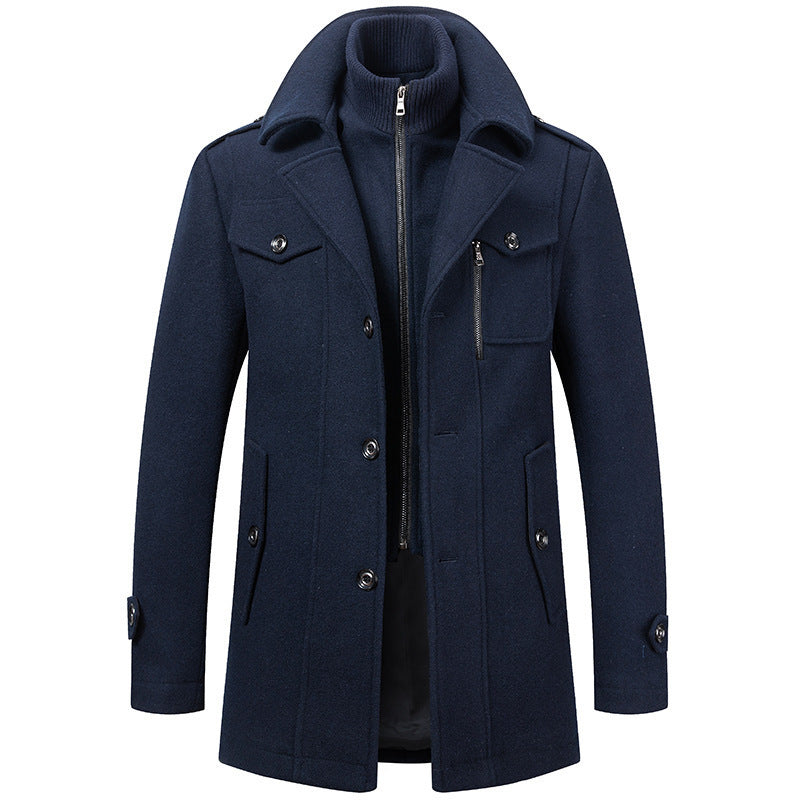 KZZ Men's Solid Color Button Front 2-IN-1 Lapel Overcoat