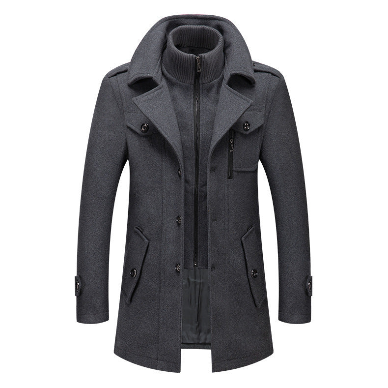 KZZ Men's Solid Color Button Front 2-IN-1 Lapel Overcoat