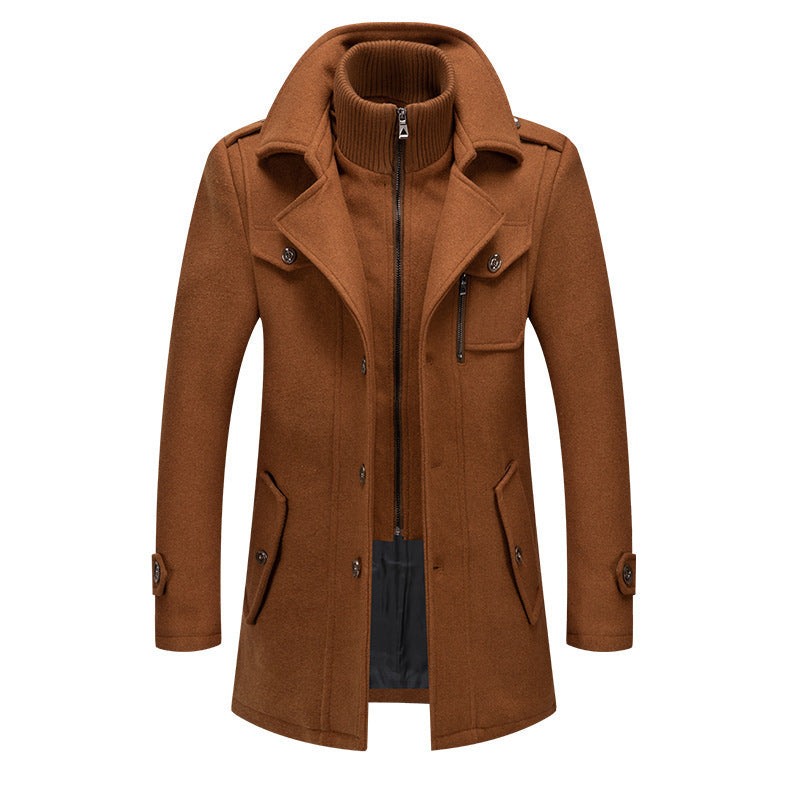 KZZ Men's Solid Color Button Front 2-IN-1 Lapel Overcoat