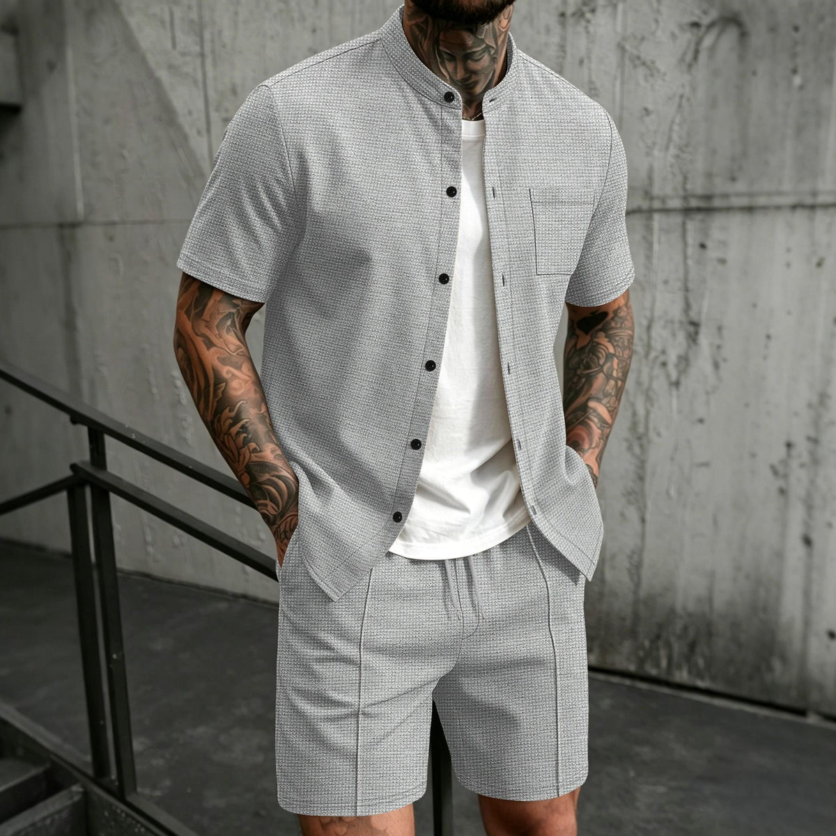 BundleWear™ Honeycomb Resort Set | Stand-Collar Waffle Shirt & Drawstring Shorts