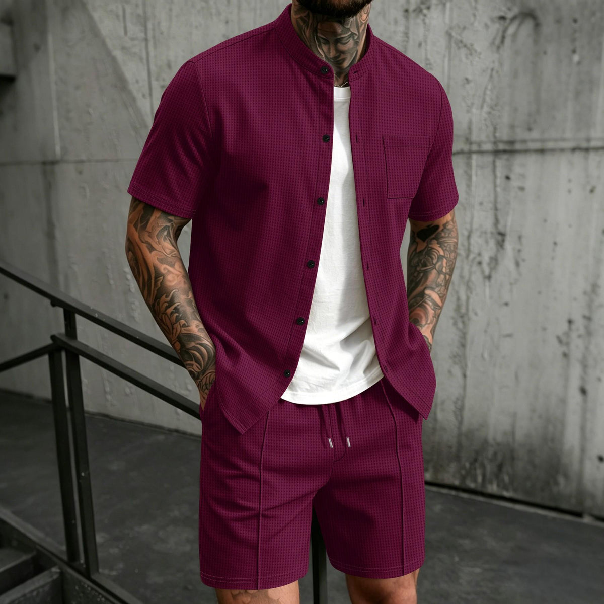 BundleWear™ Honeycomb Resort Set | Stand-Collar Waffle Shirt & Drawstring Shorts