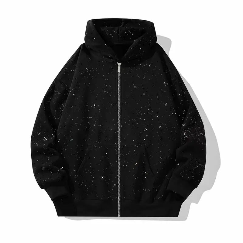 Men's Sequined Hooded Zipper Sweatshirt with Pockets - Casual Streetwear