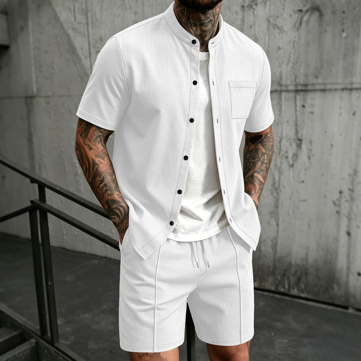 BundleWear™ Honeycomb Resort Set | Stand-Collar Waffle Shirt & Drawstring Shorts