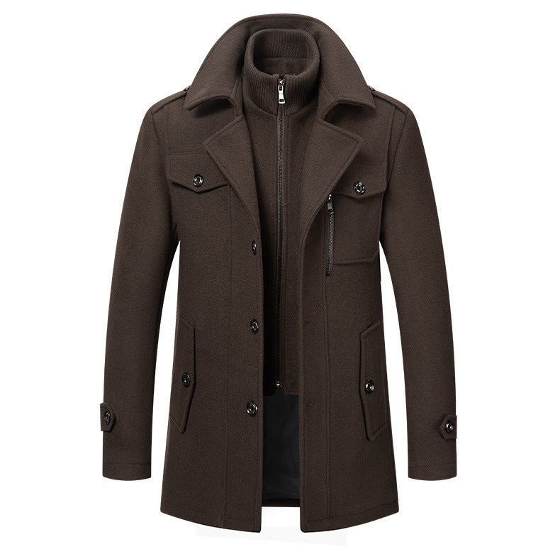 KZZ Men's Solid Color Button Front 2-IN-1 Lapel Overcoat