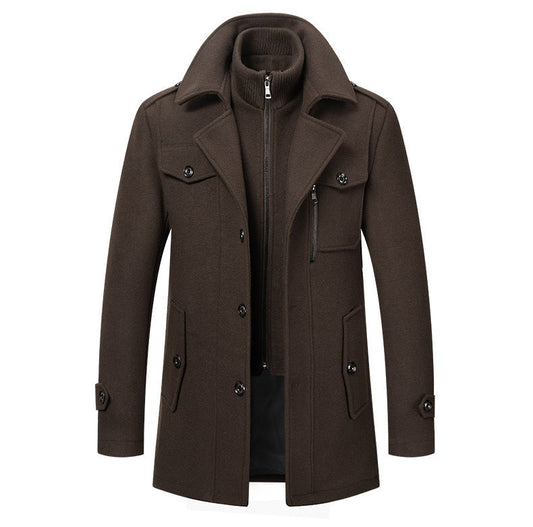 KZZ Men's Solid Color Button Front 2-IN-1 Lapel Overcoat