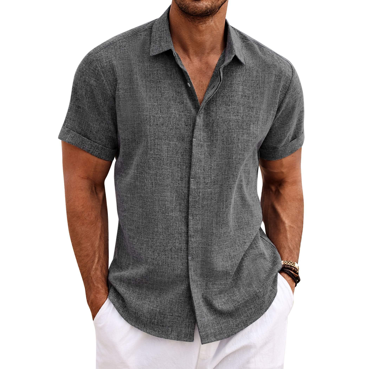 Men's Linen Short Sleeve Button Down Shirt