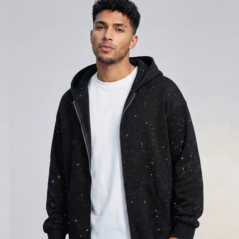 Men's Sequined Hooded Zipper Sweatshirt with Pockets - Casual Streetwear