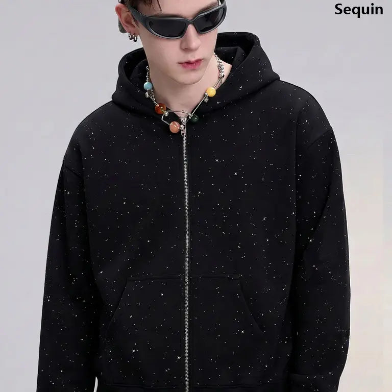 Men's Sequined Hooded Zipper Sweatshirt with Pockets - Casual Streetwear