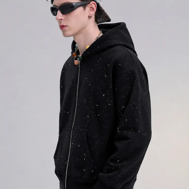 Men's Sequined Hooded Zipper Sweatshirt with Pockets - Casual Streetwear