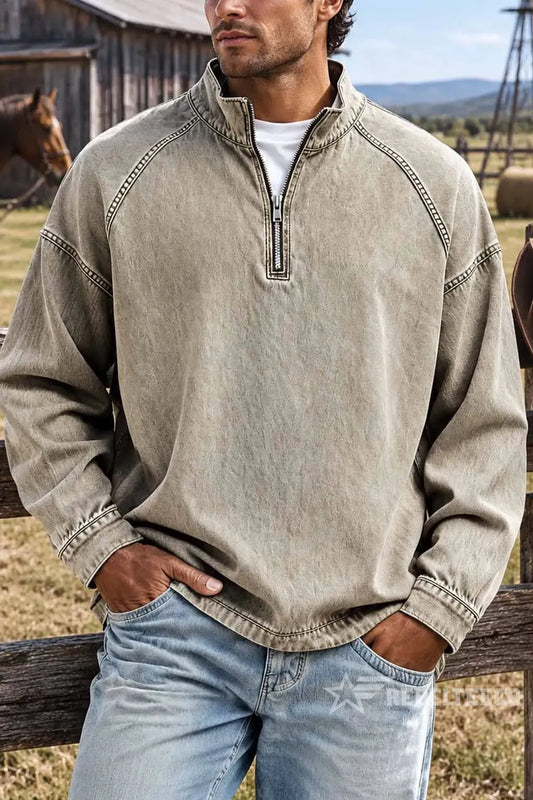 Men's Solid-Color Distressed Half-Zip Sweatshirt