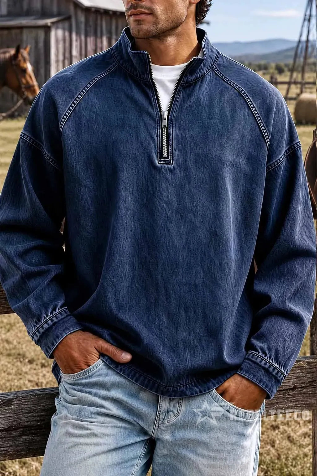 Men's Solid-Color Distressed Half-Zip Sweatshirt