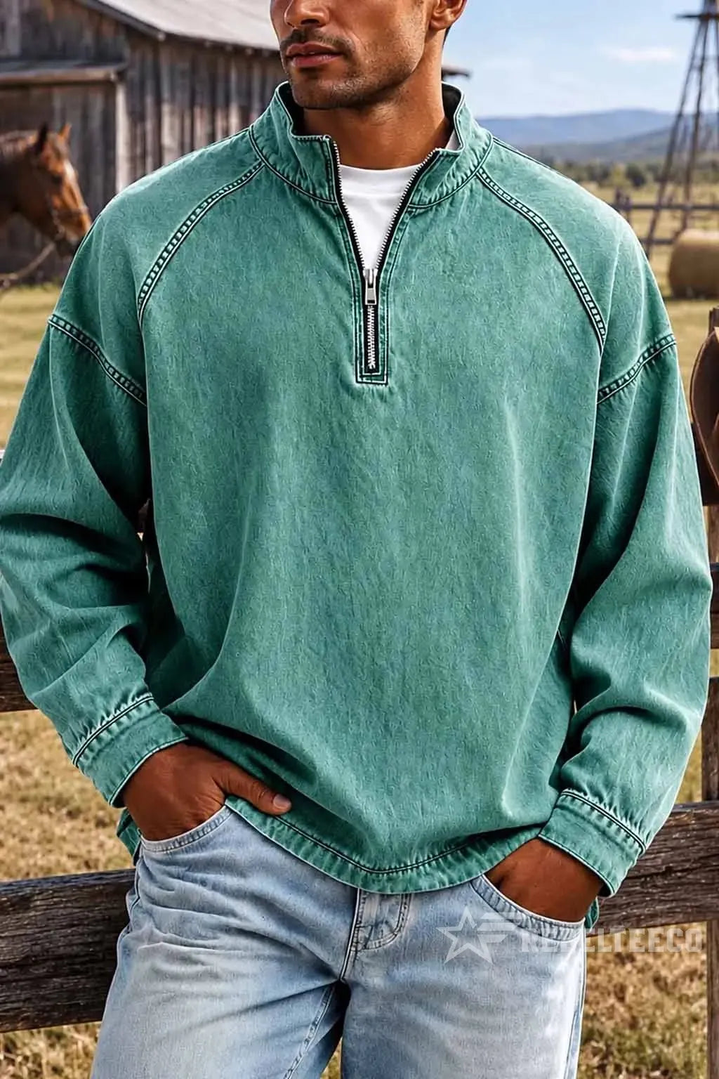 Men's Solid-Color Distressed Half-Zip Sweatshirt