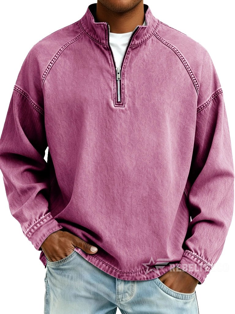 Men's Solid-Color Distressed Half-Zip Sweatshirt