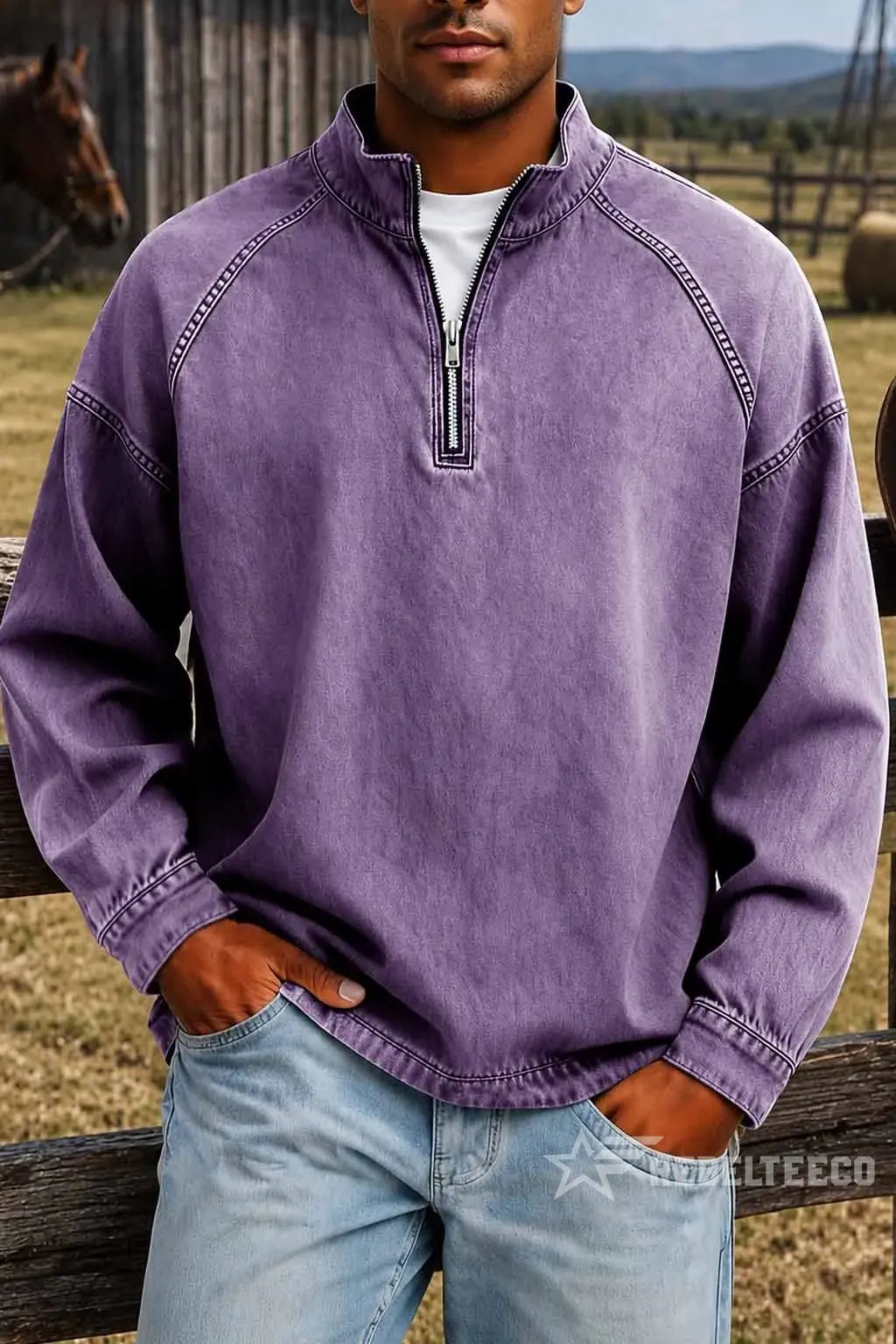 Men's Solid-Color Distressed Half-Zip Sweatshirt