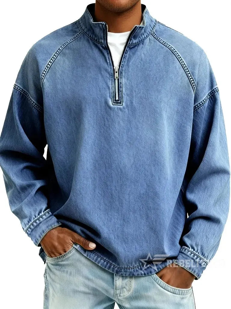 Men's Solid-Color Distressed Half-Zip Sweatshirt