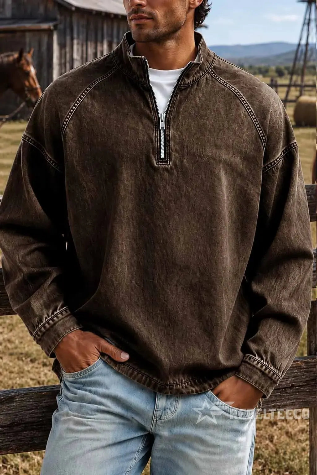Men's Solid-Color Distressed Half-Zip Sweatshirt