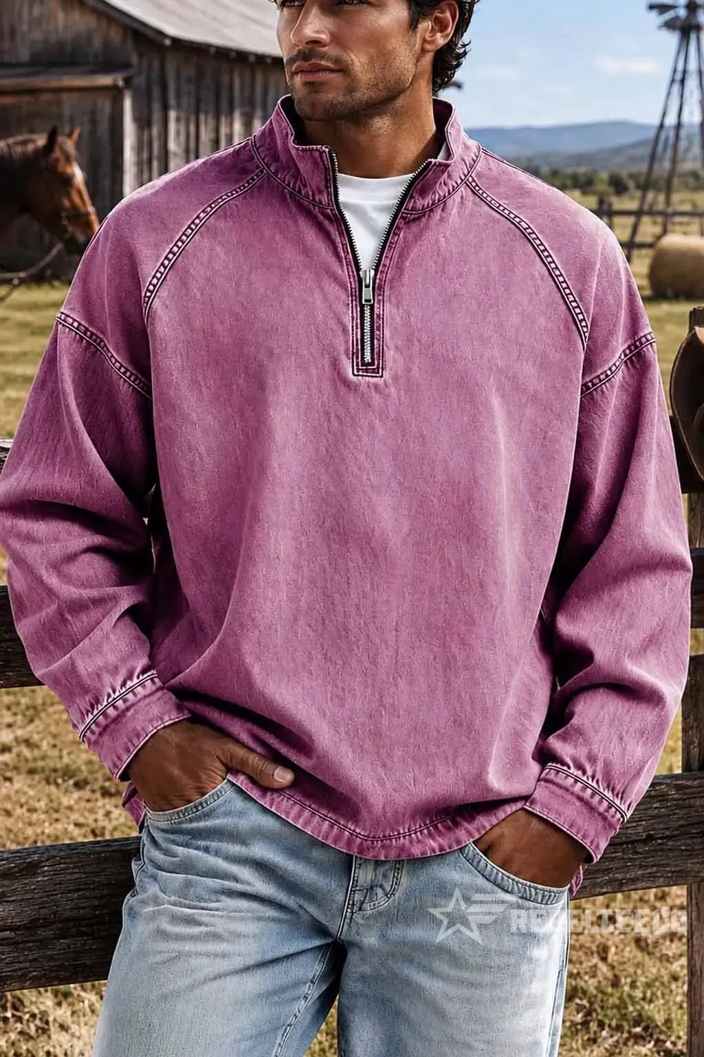 Men's Solid-Color Distressed Half-Zip Sweatshirt