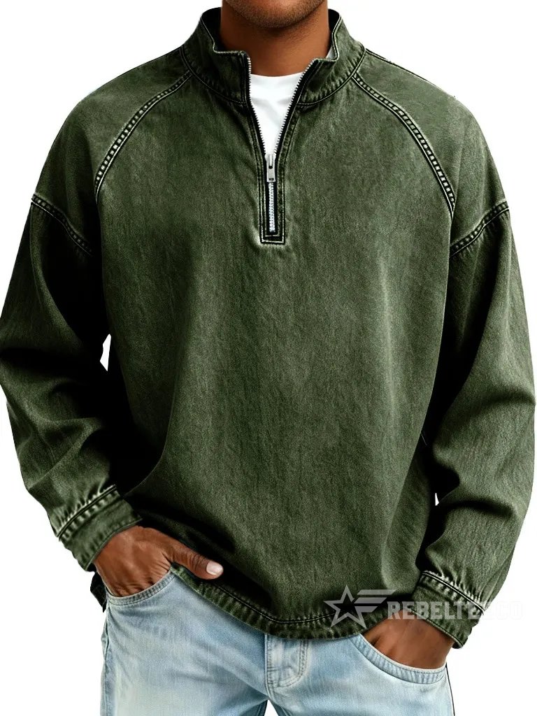 Men's Solid-Color Distressed Half-Zip Sweatshirt